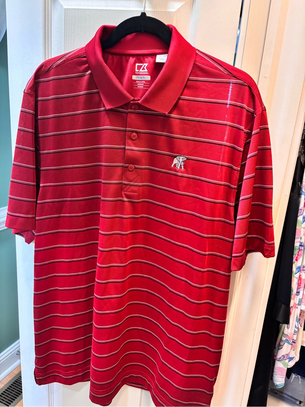Cutter & Buck Red Striped Polo with Embroidered Elephant Logo